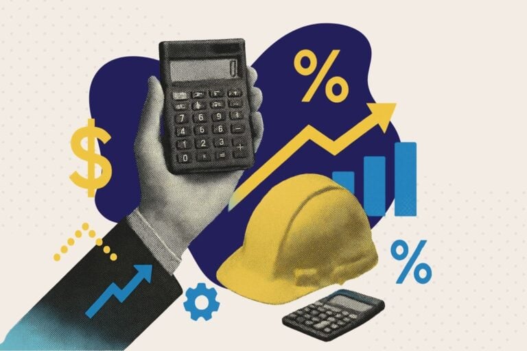 A collage of a hand holding a calculator next to a construction hard hat
