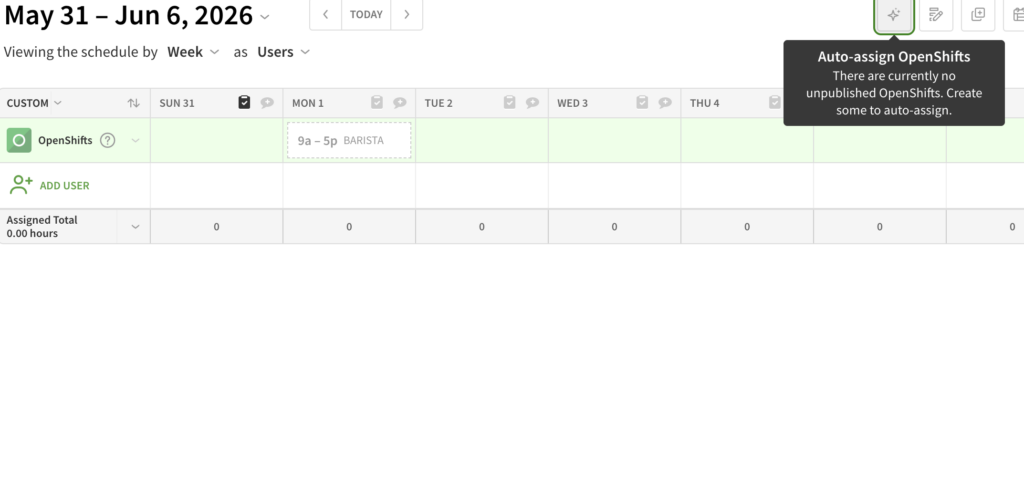 Screenshot of When I Work&rsquo;s auto-scheduling tool not working. It says, &ldquo;There are currently no unpublished OpenShifts,&rdquo; but an unpublished open shift is clearly visible on the scheduler. 