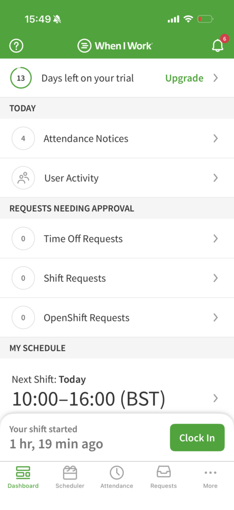 When I Work&rsquo;s mobile app has the same white and green color theme, but the font size is proportionally large, and the dashboard displays too many items, from attendance notices and pending requests to upcoming shifts and clock-in options. 