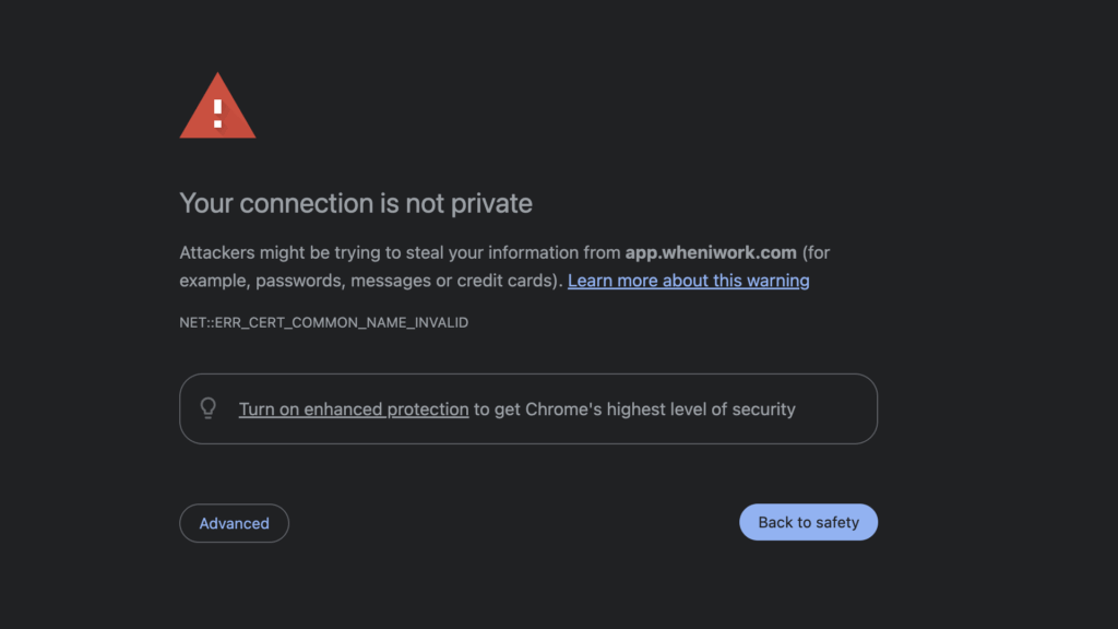 When I Work's Google OAuth login warned me that my connection was not secure when I tried to create an account. 