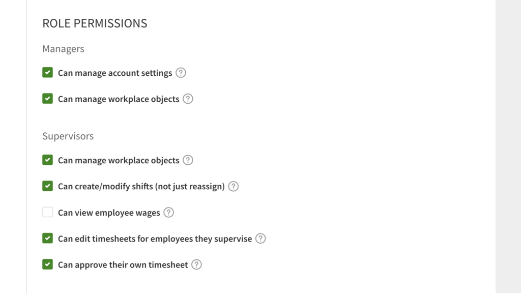 Screenshot of When I Work&rsquo;s role permissions setting, which lets you set permissions, such as modifying shifts, approving timesheets, and viewing wages, for managers and supervisors. 