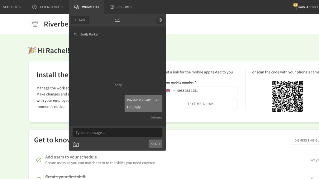 Screenshot of When I Work&rsquo;s work chat hanging down from the top bar. You can create private and group chats and share images and plain text. 