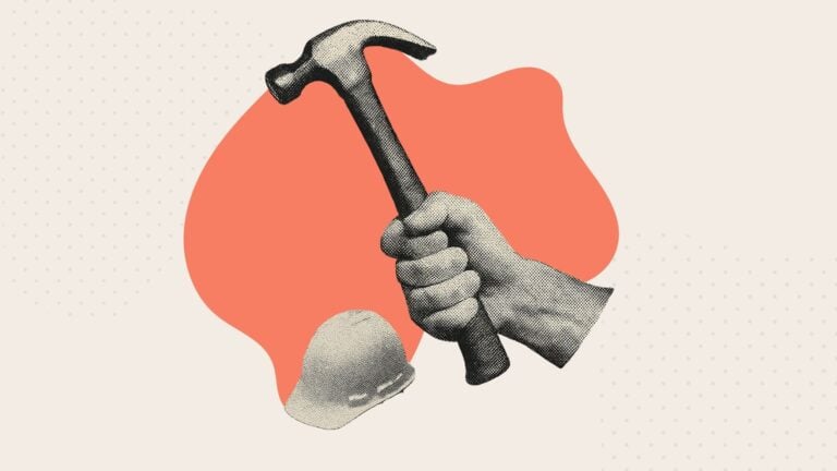 A collage of a hand holding a hammer next to a hard hat