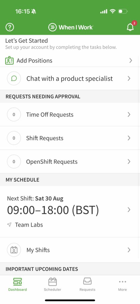 When I Work’s mobile app has the same white and green color theme, but the font size is proportionally large, and the interface feels cluttered. 
