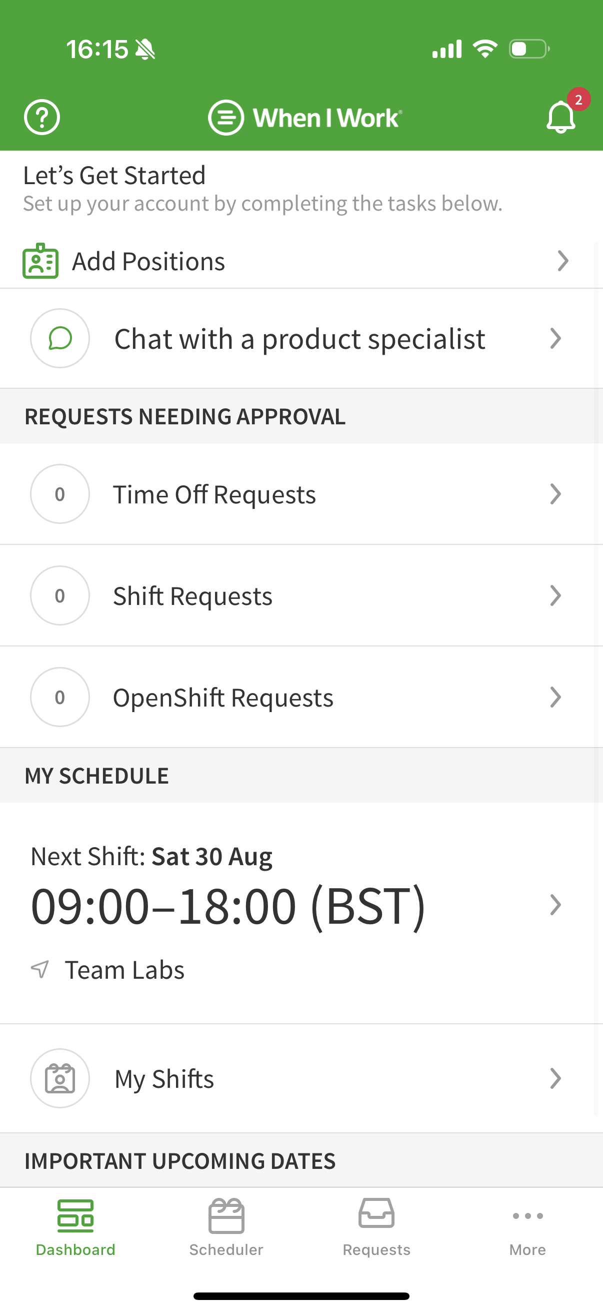 When I Work&rsquo;s mobile app has the same white and green color theme, but the font size is proportionally large, and the interface feels cluttered.