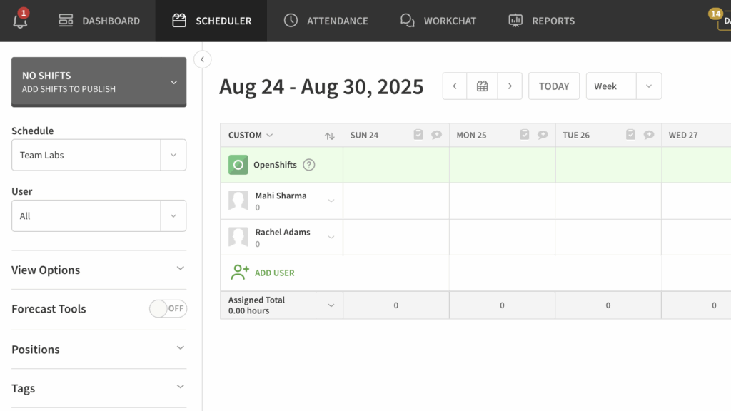 When I Work's web interface was modern, clean, and minimalist with a white, green, and grey color scheme. Core features are neatly laid out in the top bar. 