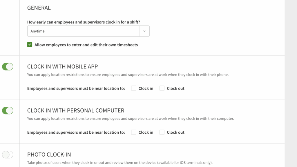 When I Work's time verification settings let you set rules on timesheet edits, clock-in and out locations, and photo verification requirements. 