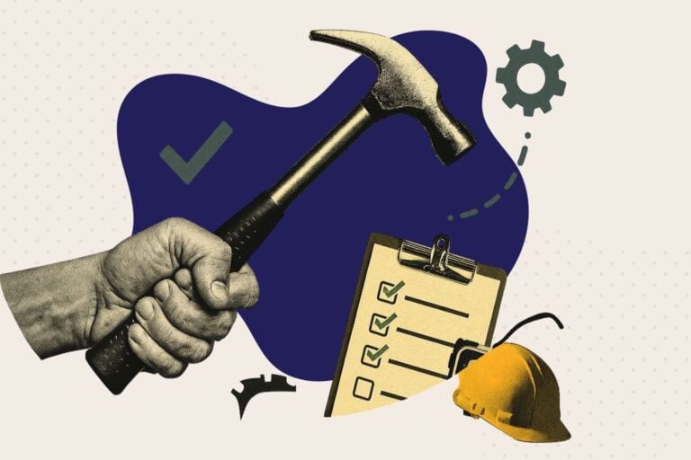 An illustration of a hand holding hammer next to a clipboard and a hard hat