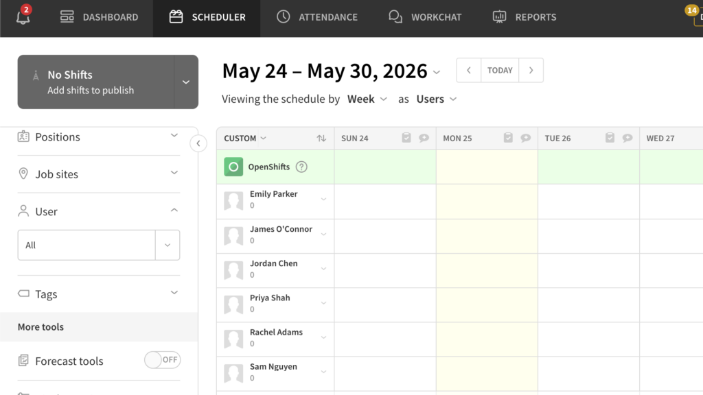 Screenshot of When I Work&rsquo;s web interface, which is modern, clean, and minimalist with a white, green, and grey color scheme. Core features, such as dashboard, scheduler, attendance, work chat, and reports, are neatly laid out in the top bar.