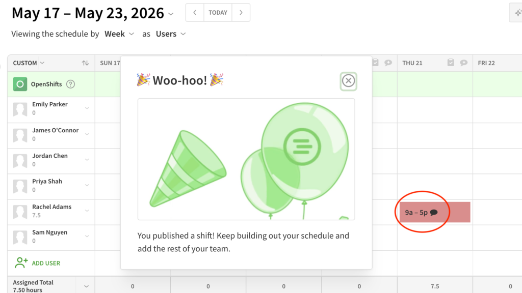 Annotated screenshot of When I Work&rsquo;s scheduler, showing a published shift from &ldquo;9a&rdquo; to &ldquo;5p,&rdquo; instead of 9 am to 5 pm. There&rsquo;s also a confusing chat bubble icon on the shift, but no explanation about what that means. Clicking it doesn&rsquo;t take you to a chat or anything else. 