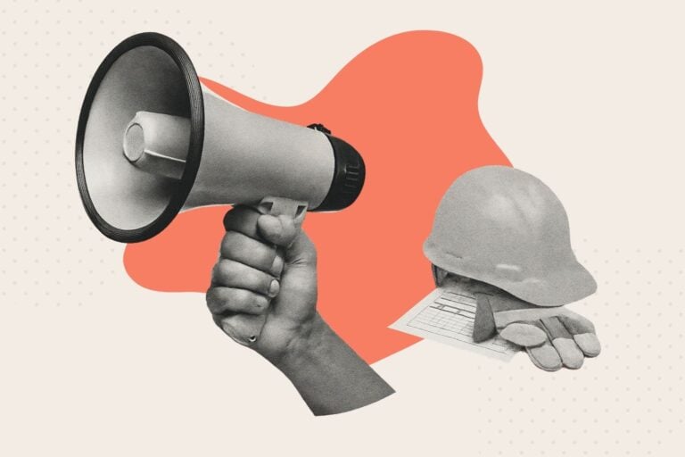An illustration showing a hand holding a megaphone next to a hardhat and construction gloves