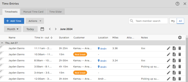 screenshot showing QuickBooks Time mileage log. 