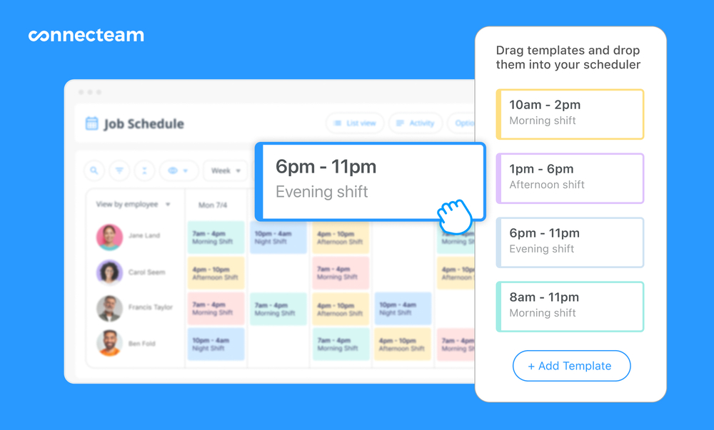 Connecteam&rsquo;s color-coded scheduler lets you drag-and-drop shifts. You can build and edit schedules on both the web and the mobile app. 