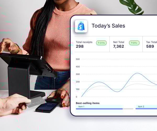 A photo of a transaction being made and a view of Shopify POS