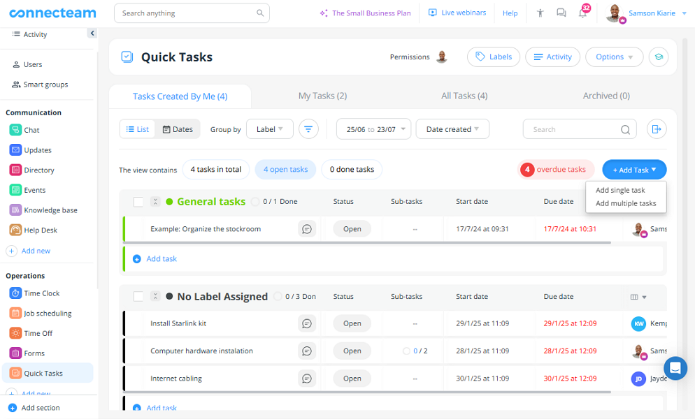 Screenshot showing Connecteam’s task board