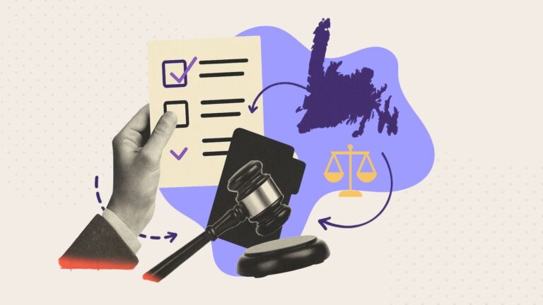 A collage of a hand holding a legal form next to the outline of Newfoundland and Labrador