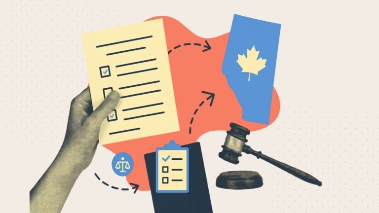 A collage of a hand holding a checklist and a canadian maple leaf next to the outline of Alberta