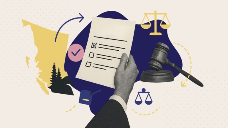 A collage of a hand holding a legal form next to the outline of British Columbia