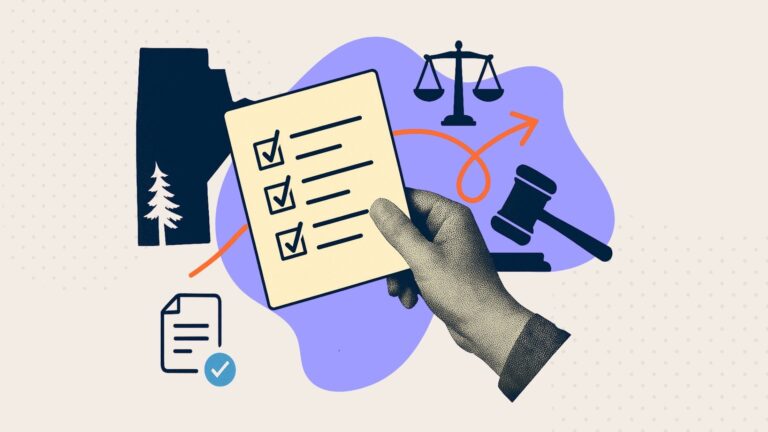 A collage of a hand holding a legal form next to the outline of Manitoba