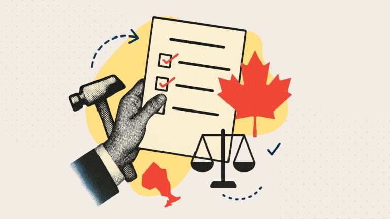 A collage of a hand holding a checklist and a canadian maple leaf next to the outline of Ontario