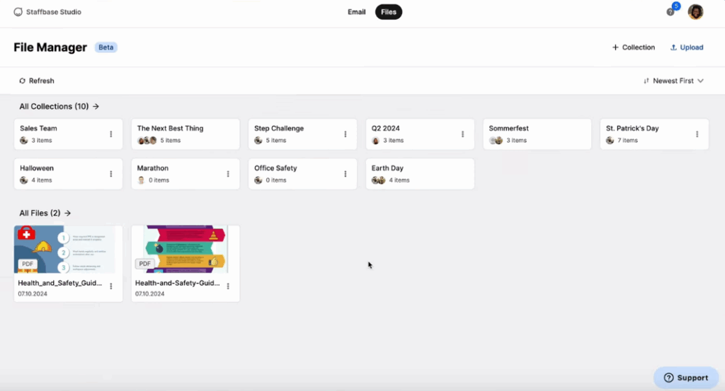 Screenshot of the Staffbase File Manager interface showing folders and PDF files.