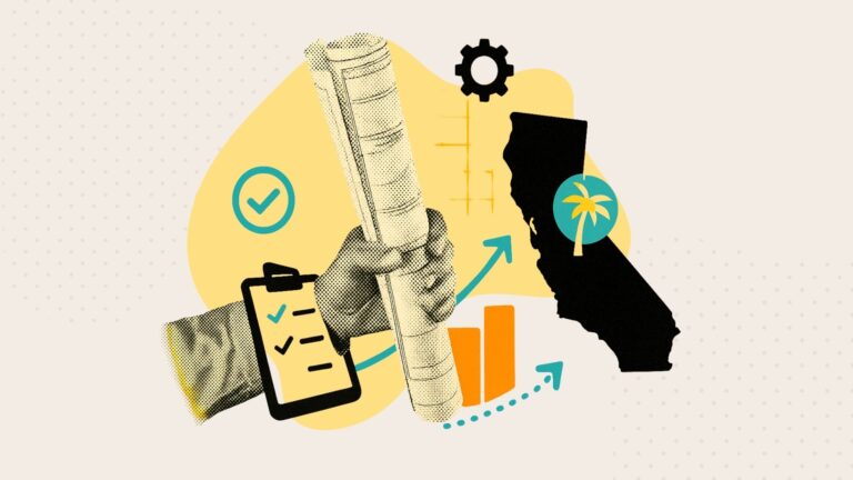 A collage of a hand holding a blueprint next to a silhouette of the state of california