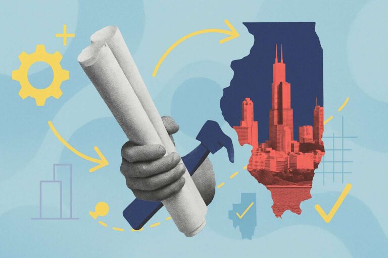 A collage of a hand holding a blueprint next to the state outline of Illinois