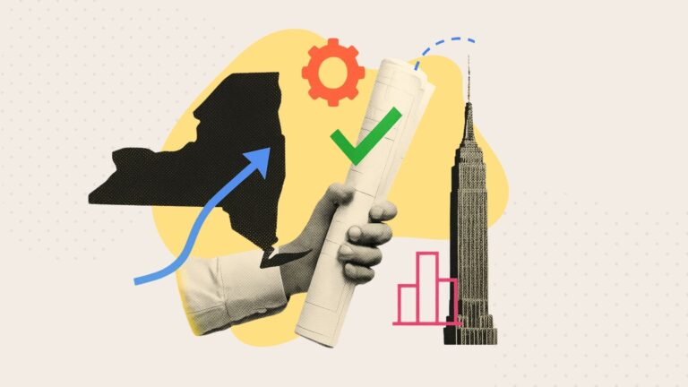 A collage of a hand holding a blueprint next to the outline of the state of New York