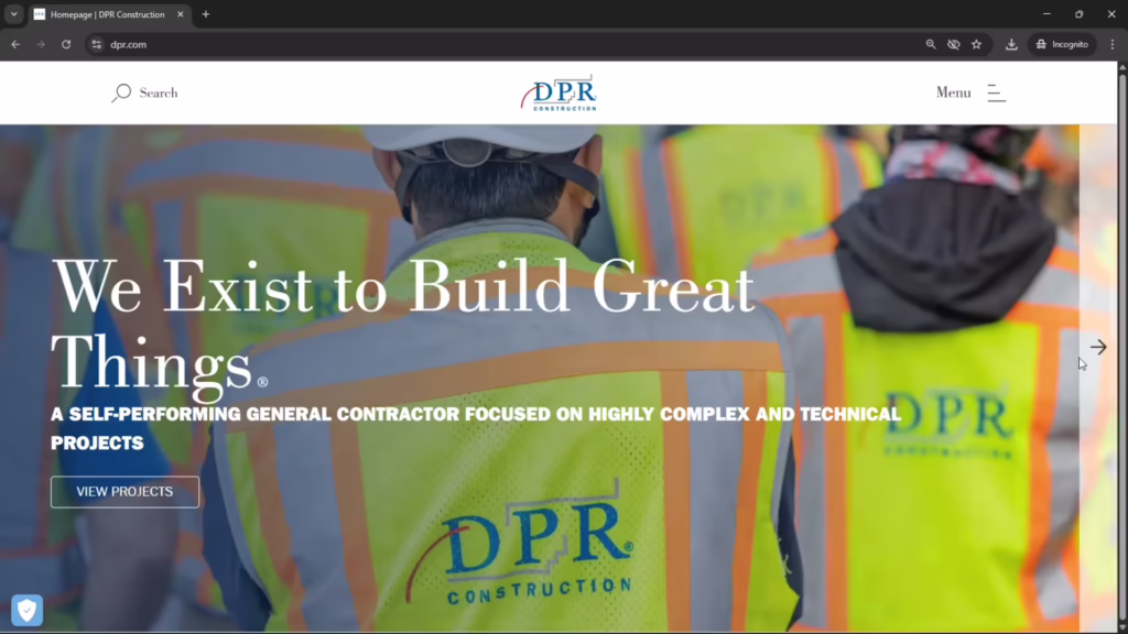 The DPR Construction website features a side-scroll outlining its business differentiators and links to further details.