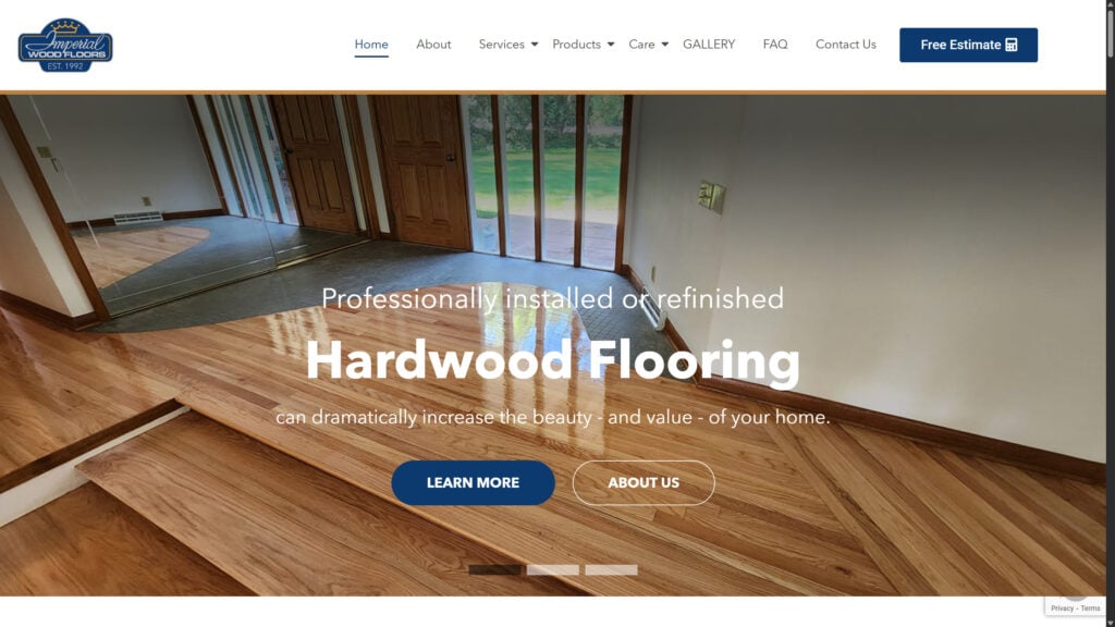 Simple and effective, the Imperial Wood Floors website opens on a high-quality image of a polished hardwood floor.