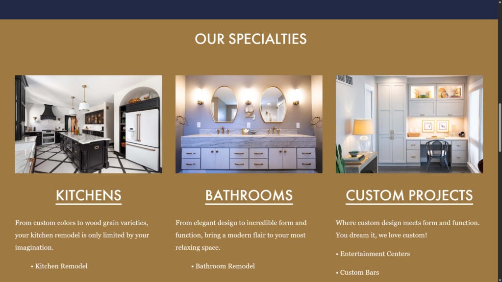 The Lang Custom Cabinet Design homepage summarizes its most in-demand specialties: cabinets for kitchens, bathrooms, and other custom orders.