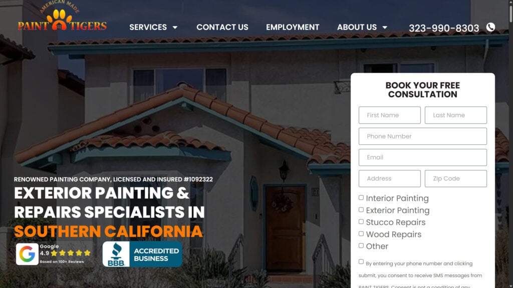 The Paint Tigers website leads with its accreditations and easy-to-use inquiry form.