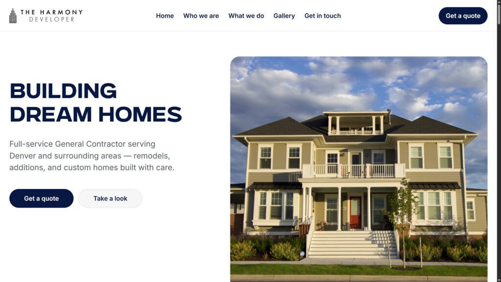 The Harmony Developer's homepage opens on an image of a residential project, accompanied by brief project details and a &ldquo;Get a quote&rdquo; nudge.
