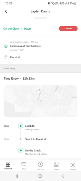 Screenshot showing employee location on mobile