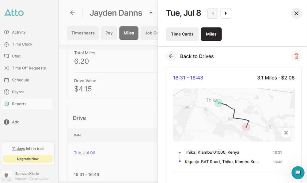 Screenshot showing Atto’s mileage tracking page 