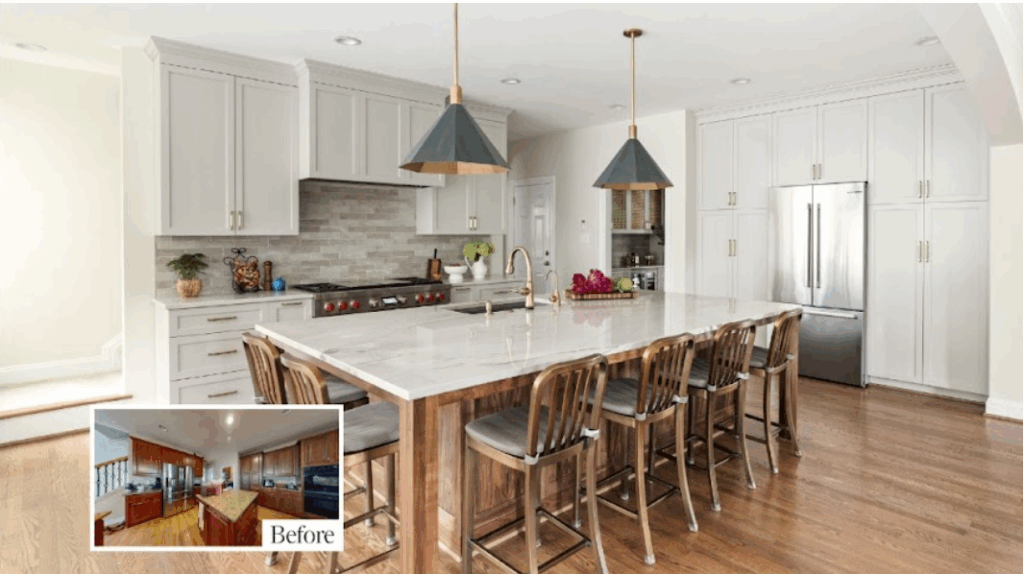 A before-and-after transformation picture of a kitchen from the Lane Homes and Remodeling flyer.