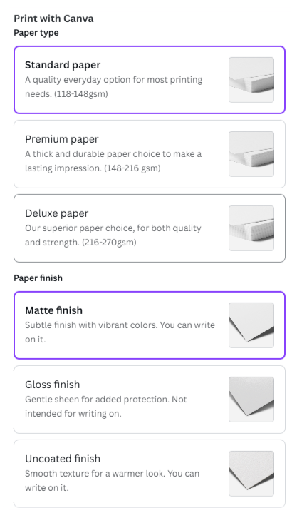 Screenshot of Canva’s printing and paper options for flyers, which include gloss finish and deluxe paper.