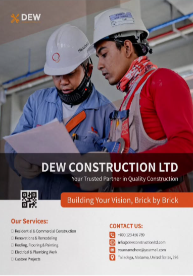 Construction flyer design that includes a QR code.