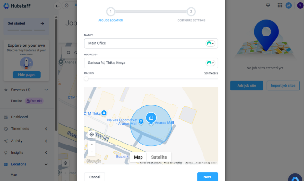 Screenshot showing the Hubstaff geofence settings page. 