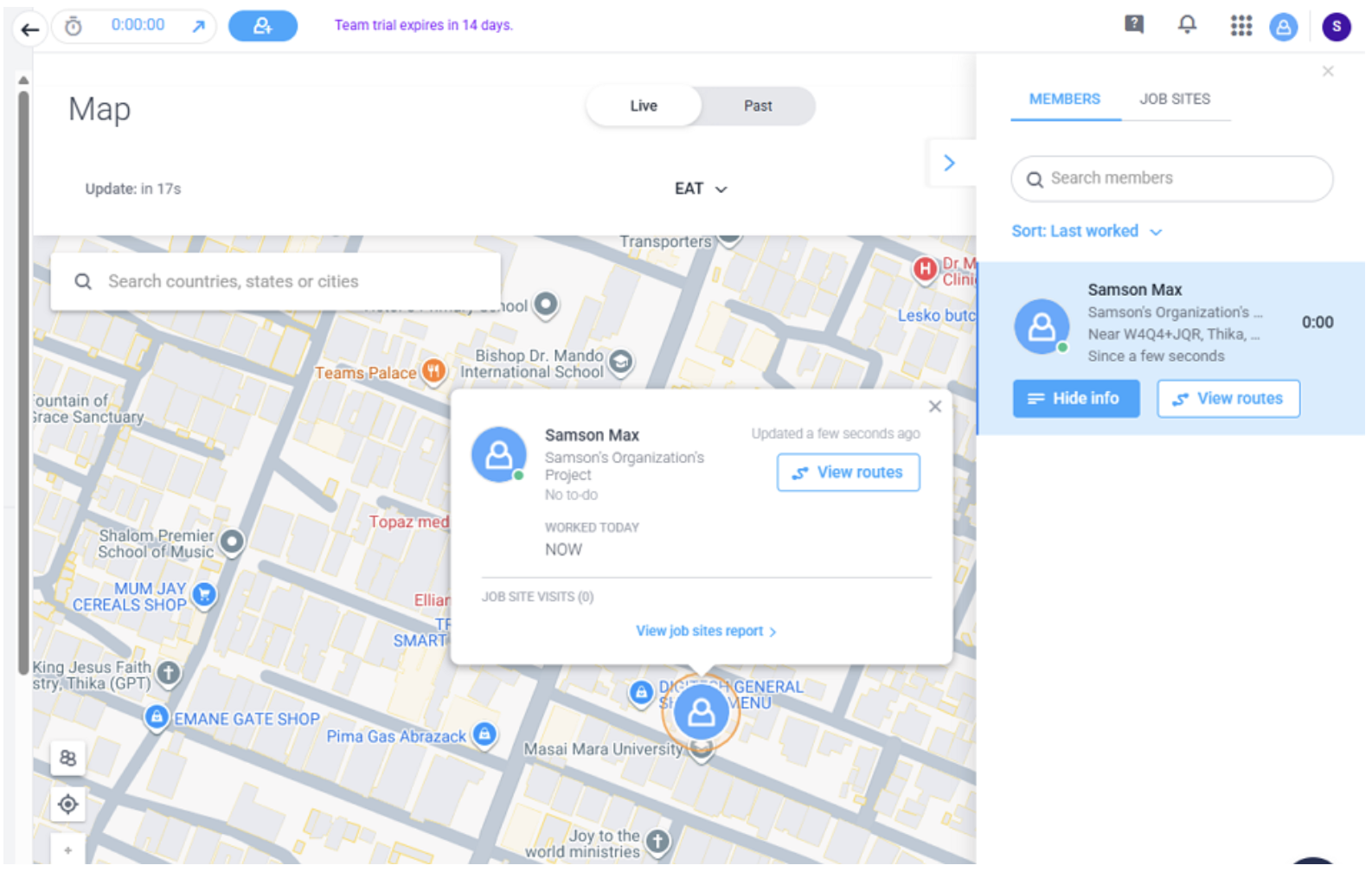 Screenshot showing Hubstaff live map.