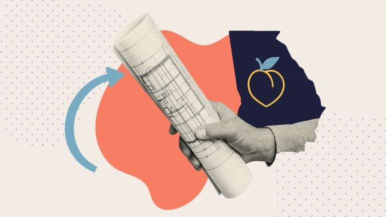 A collage of a hand holding a blueprint next to the state outline of Georgia