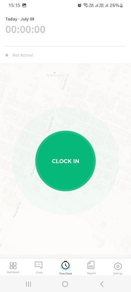 Screenshot showing Atto’s mobile app time clock page