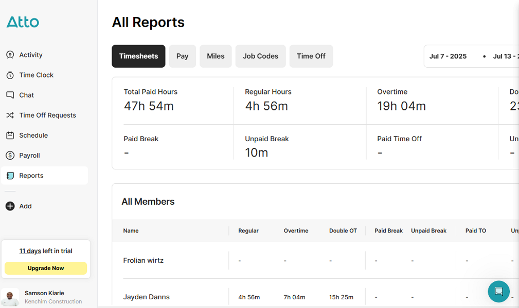 Screenshot showing Atto’s reports page.