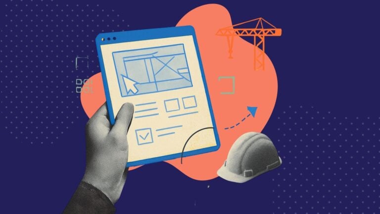 An illustration showing a hand holding a tablet with a sketch of a construction website