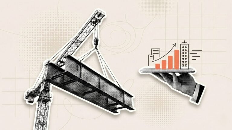 A collage of a crane lifting a load and a hand holding a growing graph
