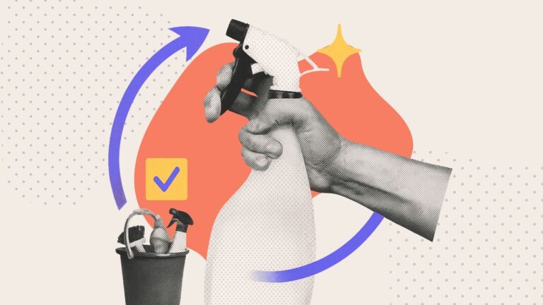 A collage showing a hand holding a spray bottle and a bucket with cleaning supplies
