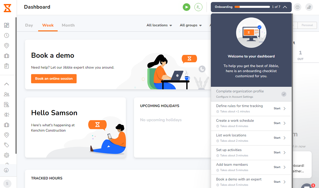 Screenshot of Jibble’s main dashboard with the onboarding guide