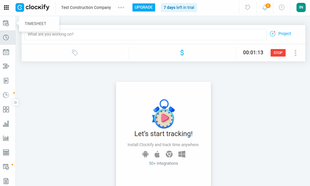 Screenshot showing Clockify’s web app time tracker. 