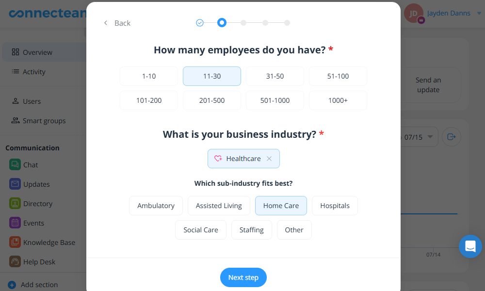 Screenshot showing the Connecteam setup wizard.
