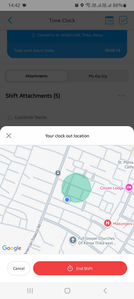 Screenshot showing Connecteam’s geofence map view. 